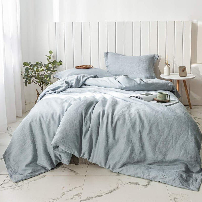 Simple&Opulence 100% Linen Duvet Cover Set 3pcs Basic Style Natural French Washed Flax Solid Color Soft Breathable Farmhouse Bedding with Button Closure - Dusty Blue, Queen - Image 1